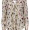 Maeve - Beige & Multicolor Bird Print Long Sleeve Button-Up Blouse Sz 10