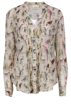 Maeve - Beige & Multicolor Bird Print Long Sleeve Button-Up Blouse Sz 10