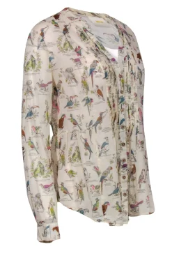 Maeve - Beige & Multicolor Bird Print Long Sleeve Button-Up Blouse Sz 10