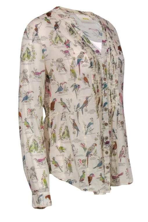 Maeve - Beige & Multicolor Bird Print Long Sleeve Button-Up Blouse Sz 10