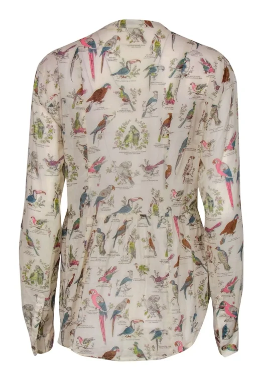 Maeve - Beige & Multicolor Bird Print Long Sleeve Button-Up Blouse Sz 10