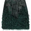 Maeve - Black & Green Pencil Skirt w/ Feathers & Metallic Fringe Sz 8