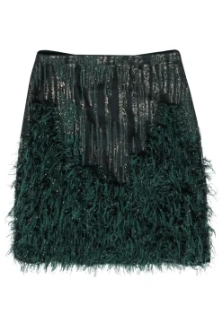 Maeve - Black & Green Pencil Skirt w/ Feathers & Metallic Fringe Sz 8