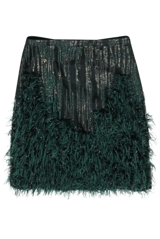 Maeve - Black & Green Pencil Skirt w/ Feathers & Metallic Fringe Sz 8