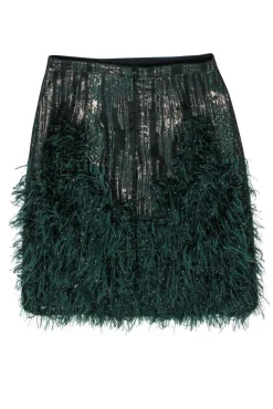 Maeve - Black & Green Pencil Skirt w/ Feathers & Metallic Fringe Sz 8