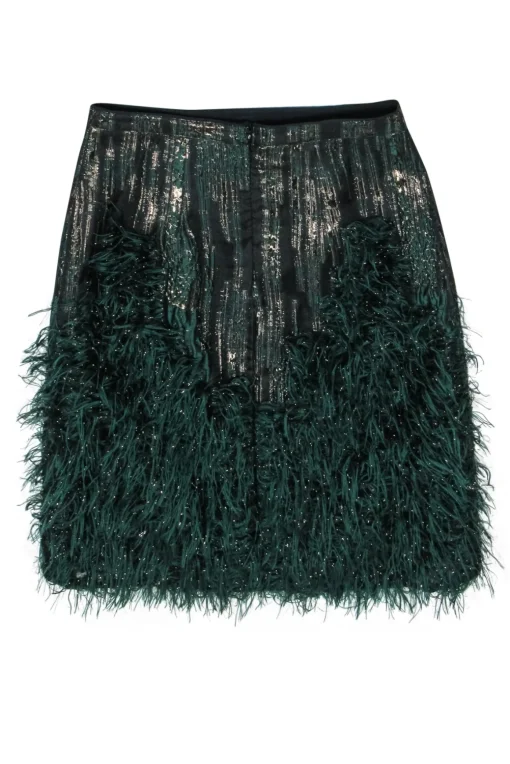 Maeve - Black & Green Pencil Skirt w/ Feathers & Metallic Fringe Sz 8