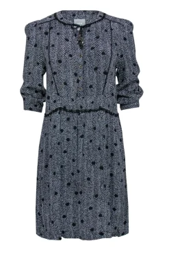 Maeve - Black & White Chevron & Polka Dot Shift Dress w/ Lace Trim & Tassels Sz S