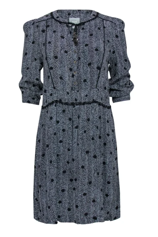 Maeve - Black & White Chevron & Polka Dot Shift Dress w/ Lace Trim & Tassels Sz S