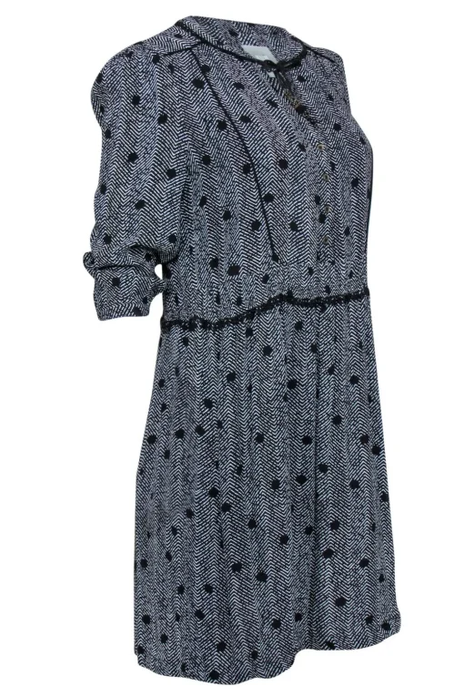Maeve - Black & White Chevron & Polka Dot Shift Dress w/ Lace Trim & Tassels Sz S