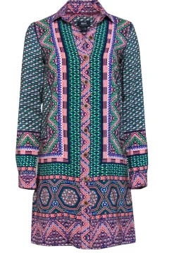Maeve - Green & Multicolor Print Button-Up Silk Shirtdress Sz 0