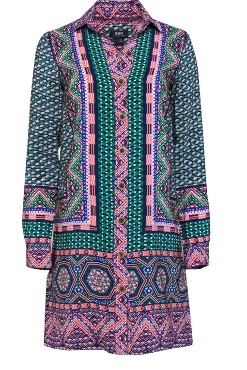 Maeve - Green & Multicolor Print Button-Up Silk Shirtdress Sz 0