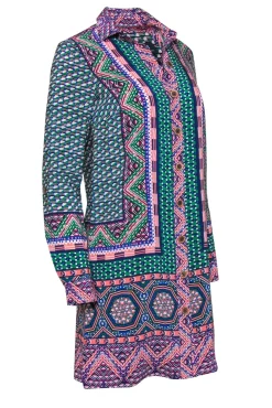 Maeve - Green & Multicolor Print Button-Up Silk Shirtdress Sz 0