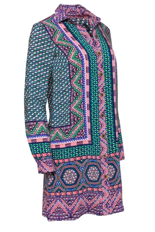 Maeve - Green & Multicolor Print Button-Up Silk Shirtdress Sz 0