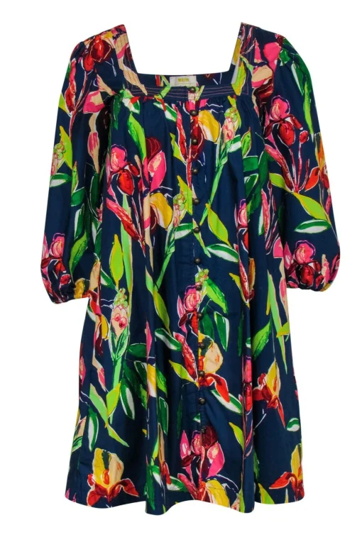 Maeve - Navy Tulip Printed Shift Dress w/ Puffed Sleeves Sz XXS