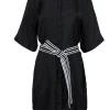 Maje - Black Short Sleeve Button-Front Shirt Dress w/ Striped Tie Belt OS
