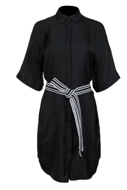 Maje - Black Short Sleeve Button-Front Shirt Dress w/ Striped Tie Belt OS
