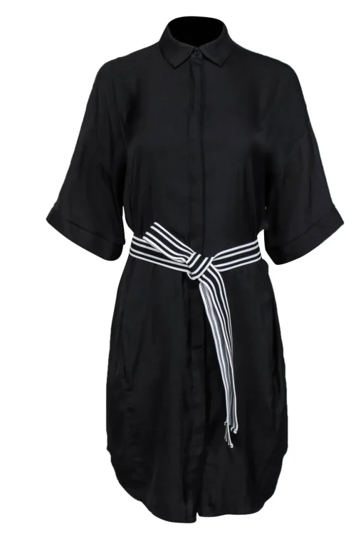 Maje - Black Short Sleeve Button-Front Shirt Dress w/ Striped Tie Belt OS