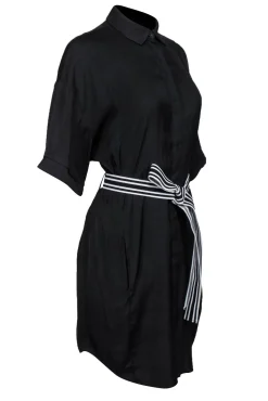 Maje - Black Short Sleeve Button-Front Shirt Dress w/ Striped Tie Belt OS