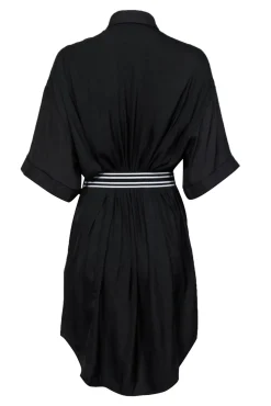 Maje - Black Short Sleeve Button-Front Shirt Dress w/ Striped Tie Belt OS