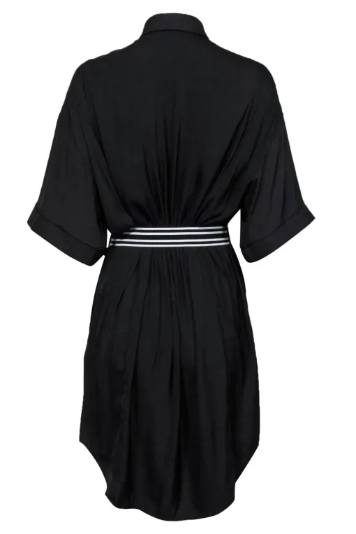 Maje - Black Short Sleeve Button-Front Shirt Dress w/ Striped Tie Belt OS