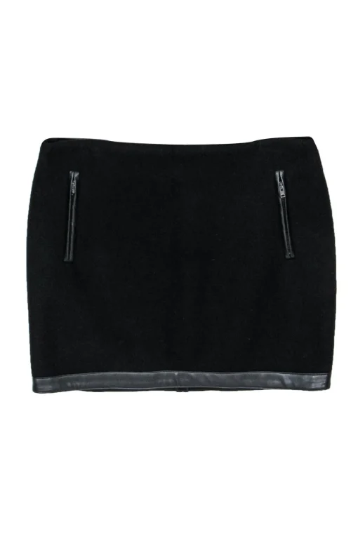 Maje - Black Wool Blend Miniskirt w/ Faux Leather Trim Sz M