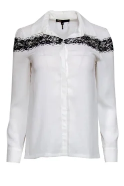Maje - White Button-Up Long Sleeve Blouse w/ Lace Trim Sz 4