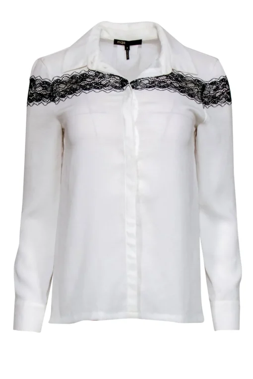 Maje - White Button-Up Long Sleeve Blouse w/ Lace Trim Sz 4