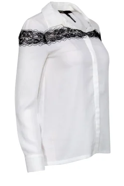 Maje - White Button-Up Long Sleeve Blouse w/ Lace Trim Sz 4