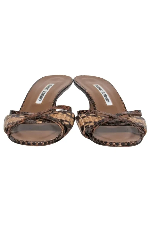 Manolo Blahnik - Brown Snakeskin Strappy Open Toe Kitten Heels Sz 7.5