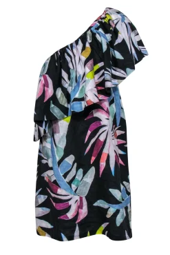 Mara Hoffman - Black & Multicolor Leaf Print One-Shoulder Dress w/ Flounce Top Sz 12