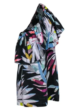 Mara Hoffman - Black & Multicolor Leaf Print One-Shoulder Dress w/ Flounce Top Sz 12
