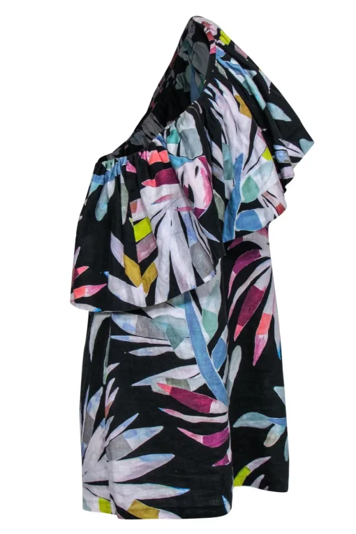 Mara Hoffman - Black & Multicolor Leaf Print One-Shoulder Dress w/ Flounce Top Sz 12