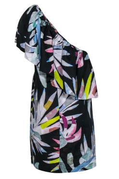 Mara Hoffman - Black & Multicolor Leaf Print One-Shoulder Dress w/ Flounce Top Sz 12