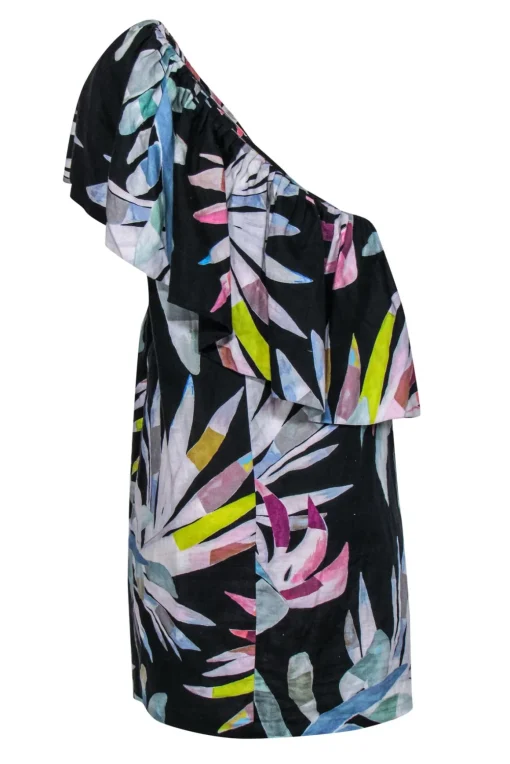 Mara Hoffman - Black & Multicolor Leaf Print One-Shoulder Dress w/ Flounce Top Sz 12