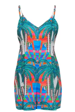 Mara Hoffman - White & Multicolor Palm Tree, Cactus & Colorblocked Print Romper Sz 8