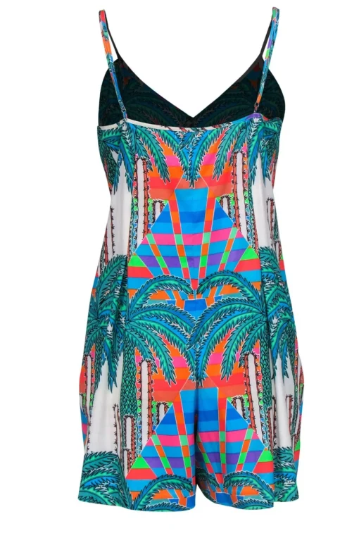 Mara Hoffman - White & Multicolor Palm Tree, Cactus & Colorblocked Print Romper Sz 8