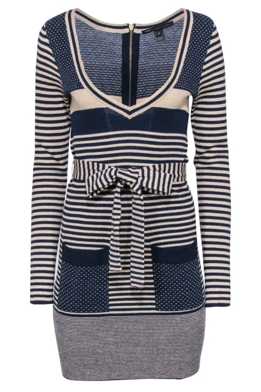 Marc by Marc Jacobs - Beige & Navy Striped & Polka Dot Sparkly Sweater Dress Sz M