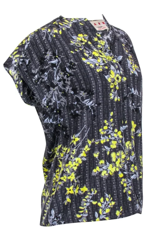 Marni - Grey & Yellow Floral Print Short Sleeve Top Sz 4