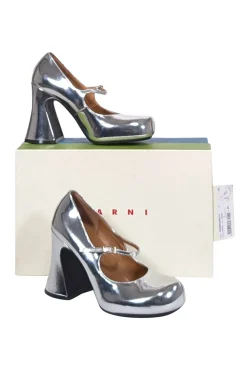 Marni - Silver Metallic Front Strap Mary Jane Heels Sz 9