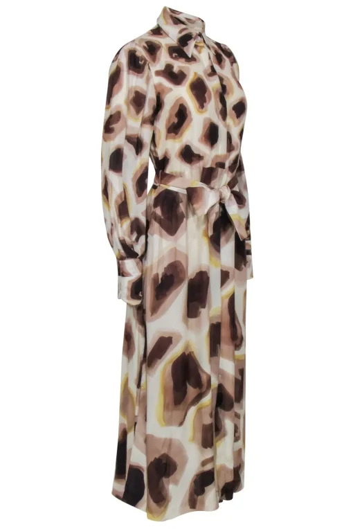 Massimo Dutti - Beige, Brown, & Cream Print Long Sleeve Button Front Dress Sz 6