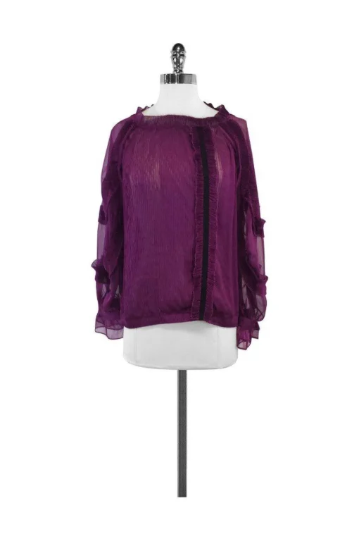 McGinn - Pleated Plum Semi-Sheer Long Sleeve Blouse Sz 6