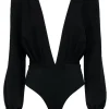 Michael Costello x Revolve - Black Long Sleeve Deep V-Neck Bodysuit Sz M