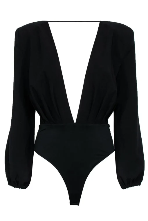 Michael Costello x Revolve - Black Long Sleeve Deep V-Neck Bodysuit Sz M