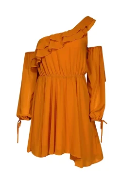 Michael Costello x Revolve - Orange One Shoulder Ruffled Mini Dress Sz XXS