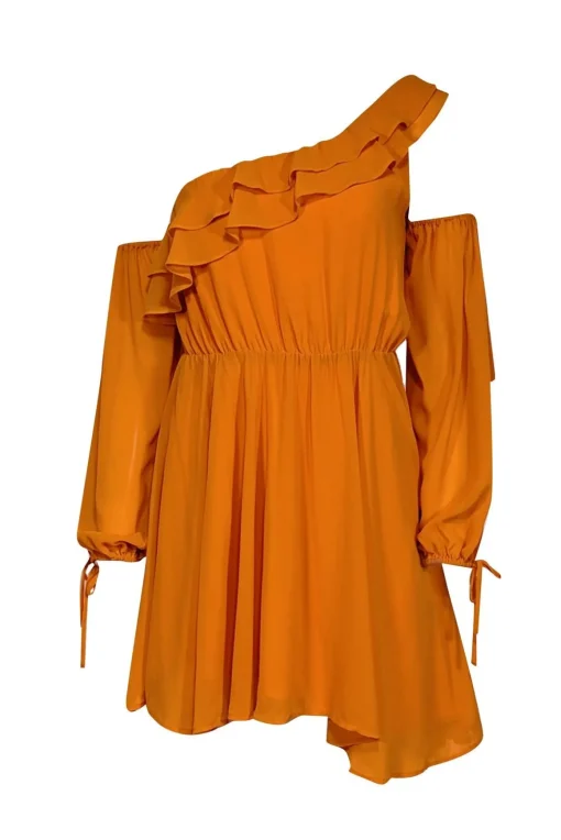 Michael Costello x Revolve - Orange One Shoulder Ruffled Mini Dress Sz XXS