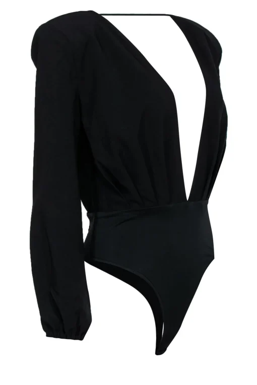 Michael Costello x Revolve - Black Long Sleeve Deep V-Neck Bodysuit Sz M