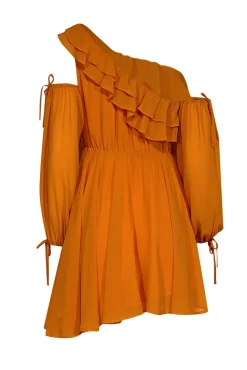 Michael Costello x Revolve - Orange One Shoulder Ruffled Mini Dress Sz XXS