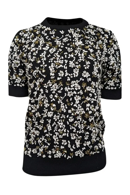 Michael Kors Collection - Black, White, & Gold Embellished Sweater Sz XS