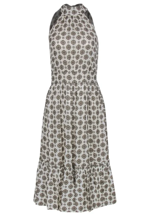 Michael Michael Kors - Cream & Tan Bohemian Print Pleated Midi Dress w/ Flounce Hem Sz XS