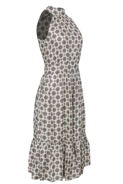 Michael Michael Kors - Cream & Tan Bohemian Print Pleated Midi Dress w/ Flounce Hem Sz XS